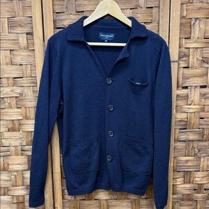 Navy Knit Cardigan with Plaid Pocket Detail